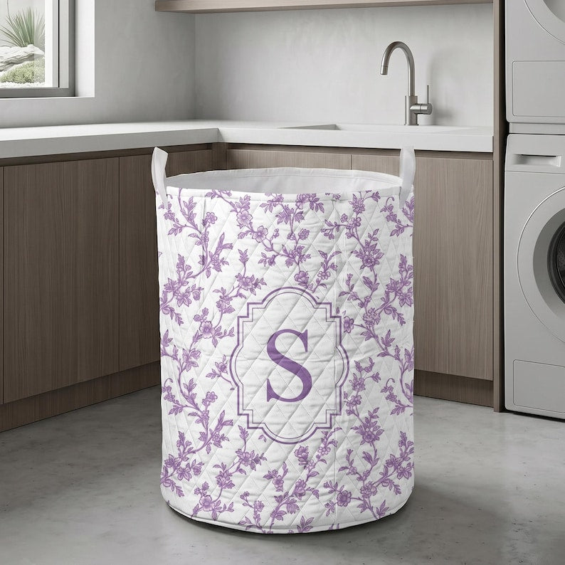 Personalized Quilt Laundry Basket, Monogram Floral Storage Bin, Toile Fabric Organizer