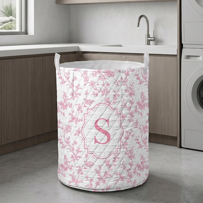 Personalized Quilt Laundry Basket, Monogram Floral Storage Bin, Toile Fabric Organizer
