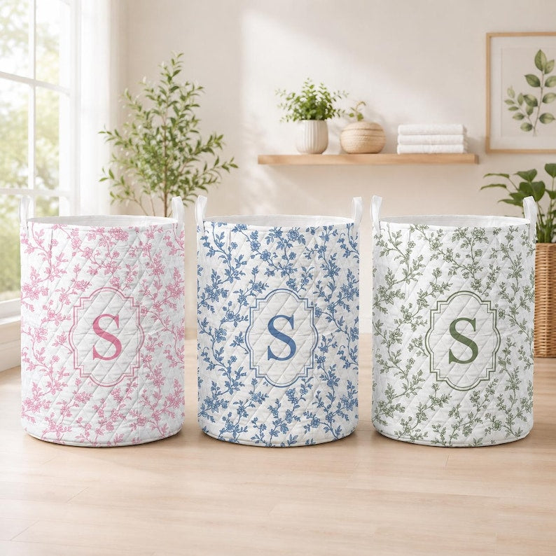 Personalized Quilt Laundry Basket, Monogram Floral Storage Bin, Toile Fabric Organizer