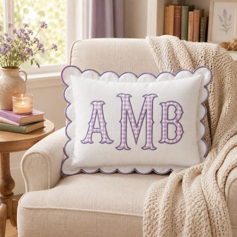 Personalized Monogram Pillow Cover, Custom Embroidered Initial Pillow, Scalloped Trim Pillowcase, Baby Room Decor