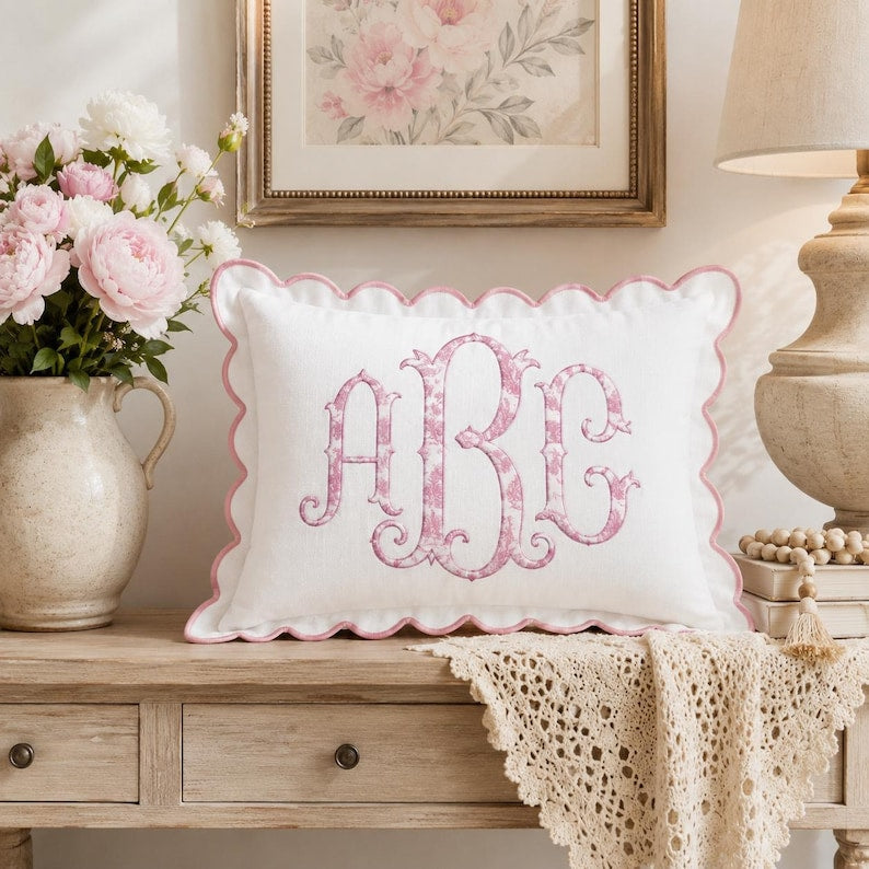 Personalized Monogram Pillow Cover, Custom Embroidered Initial Pillow, Scalloped Trim Pillowcase, Baby Room Decor