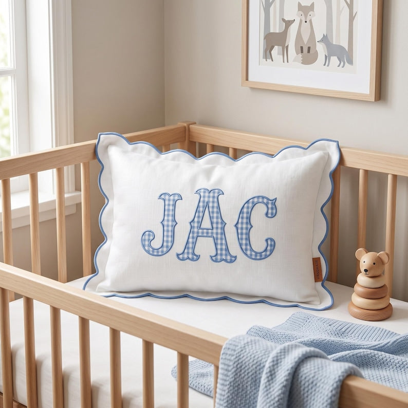 Personalized Monogram Pillow Cover, Custom Embroidered Initial Pillow, Scalloped Trim Pillowcase, Baby Room Decor