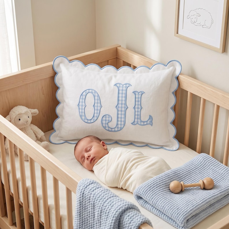 Personalized Monogram Pillow Cover, Custom Embroidered Initial Pillow, Scalloped Trim Pillowcase, Baby Room Decor