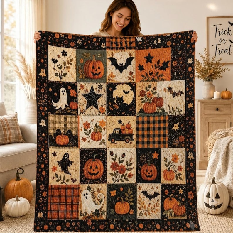 Halloween Quilt Blanket, Pumpkin Ghost Patchwork Throw, Fall Farmhouse Decor