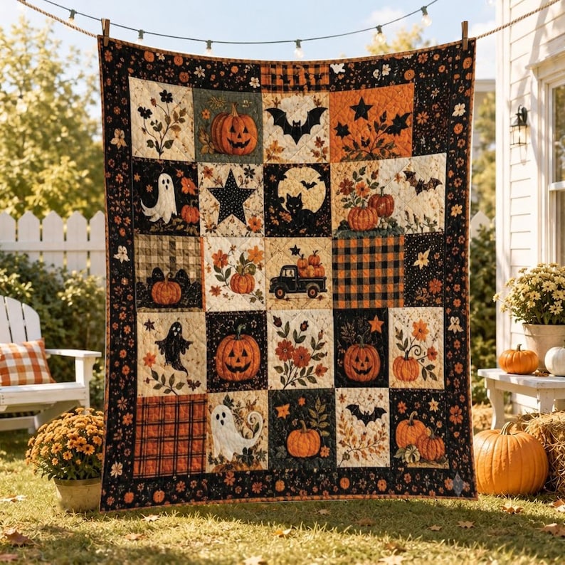 Halloween Quilt Blanket, Pumpkin Ghost Patchwork Throw, Fall Farmhouse Decor