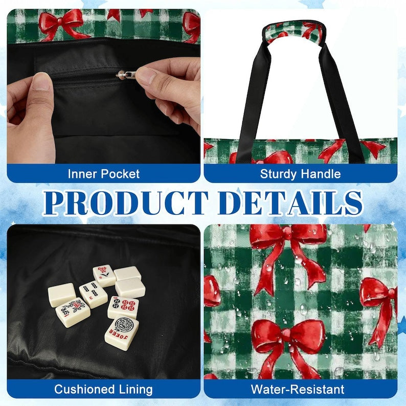 Christmas Mahjong Bag Set, Holiday Mahjong Tote Bag, Christmas Bow Mahjong Tile Bag, Buffalo Plaid Mahjong Rack Bag