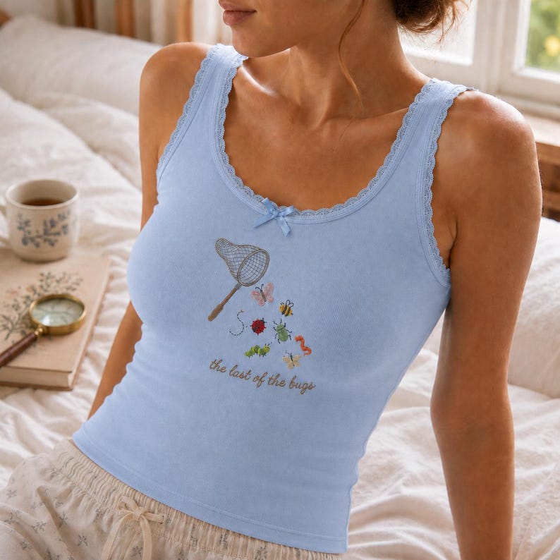 Embroidered Shirt, The Last Of The Bugs Lace Tank Top, Butterfly Ladybug Shirt, Nature Lover Apparel, Gardener Gift