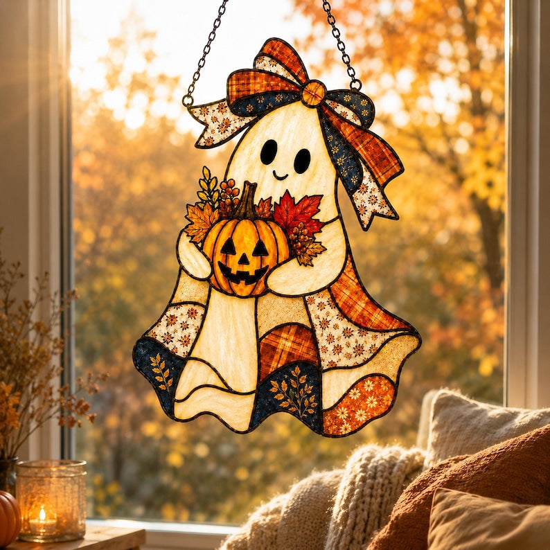 Patchwork Ghost Acrylic Suncatcher, Halloween Ghost Window Hanging, Pumpkin Sun Catcher, Autumn Window Decor Gift