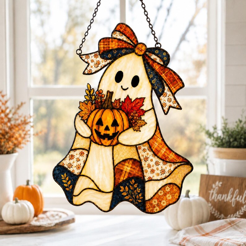 Patchwork Ghost Acrylic Suncatcher, Halloween Ghost Window Hanging, Pumpkin Sun Catcher, Autumn Window Decor Gift