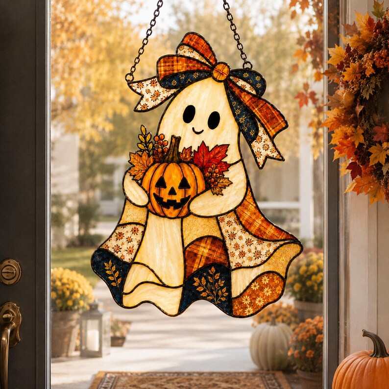 Patchwork Ghost Acrylic Suncatcher, Halloween Ghost Window Hanging, Pumpkin Sun Catcher, Autumn Window Decor Gift