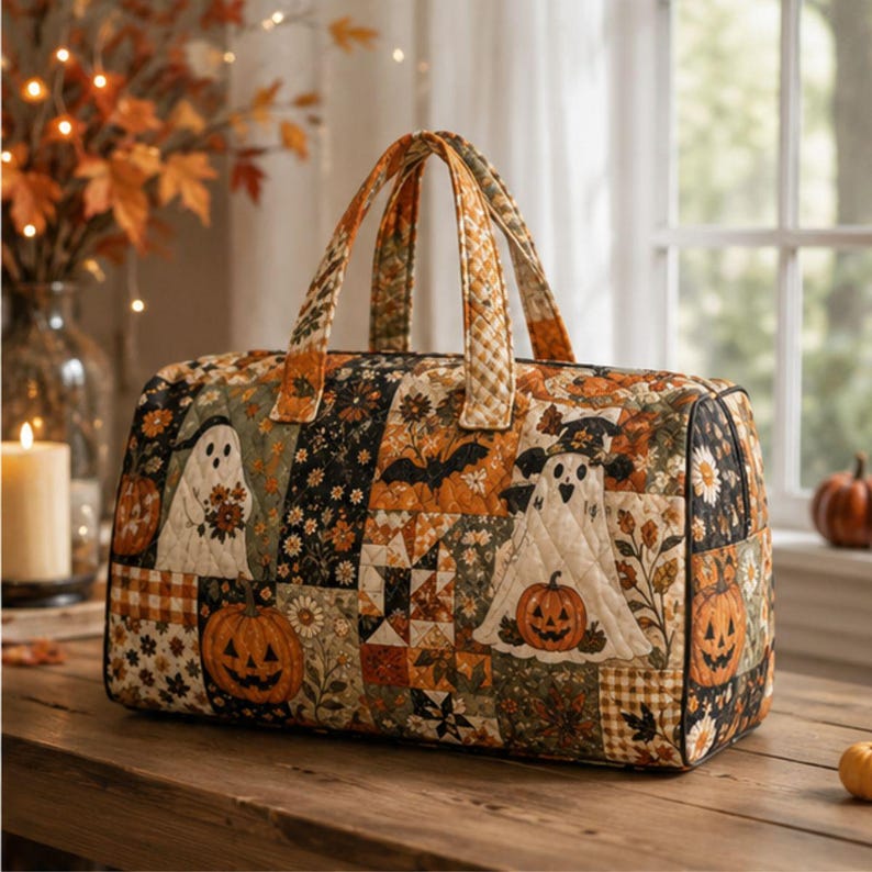 Halloween Patchwork Quilt Tote Bag, Ghost Shoulder Bag, Quilted Weekender Bag, Spooky Duffel Bag, Travel Bag