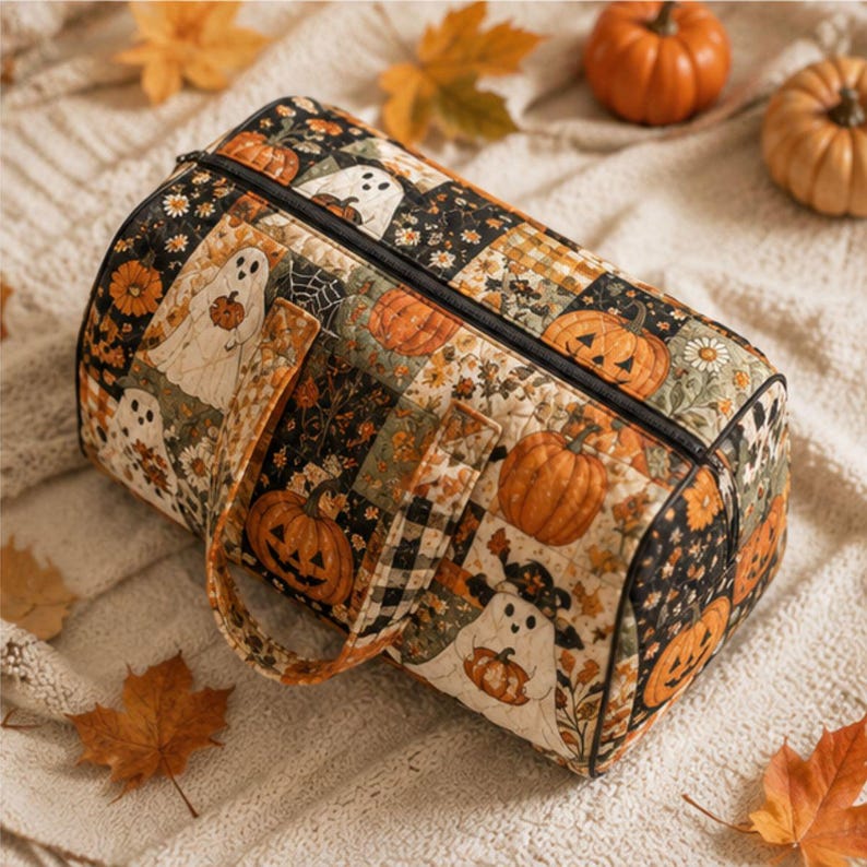 Halloween Patchwork Quilt Tote Bag, Ghost Shoulder Bag, Quilted Weekender Bag, Spooky Duffel Bag, Travel Bag