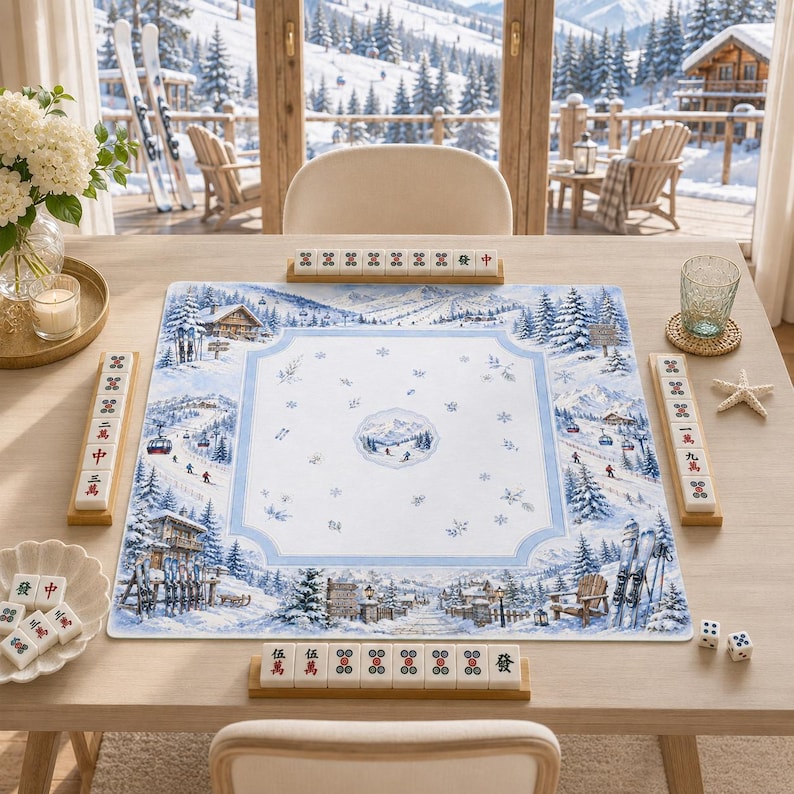 Luxury Ski Lodge Mahjong Mat, Cozy Blue Snowy Mountain Winter Game Mat, Apres Ski Hostess Gift