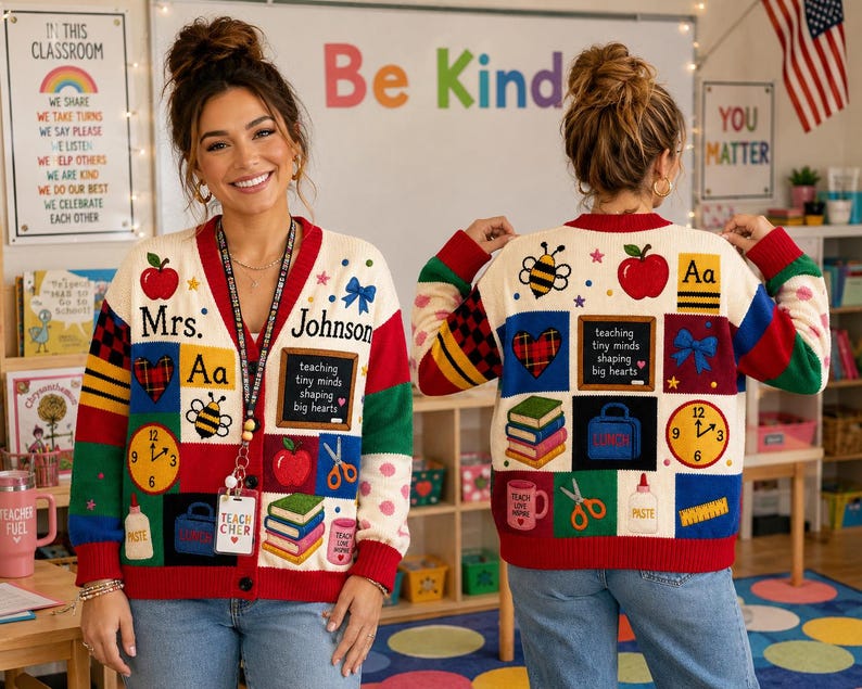 Personalized Teacher Name Knitted Cardigan, School Teacher Cardigan, Teacher Appreciation Gift, School Supplies Print Cardigan