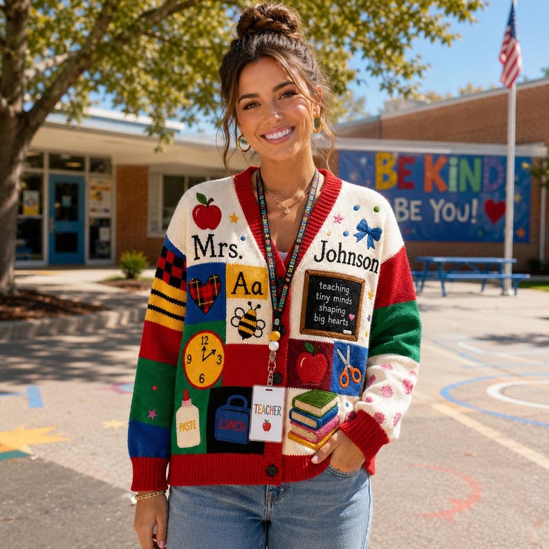 Personalized Teacher Name Knitted Cardigan, School Teacher Cardigan, Teacher Appreciation Gift, School Supplies Print Cardigan