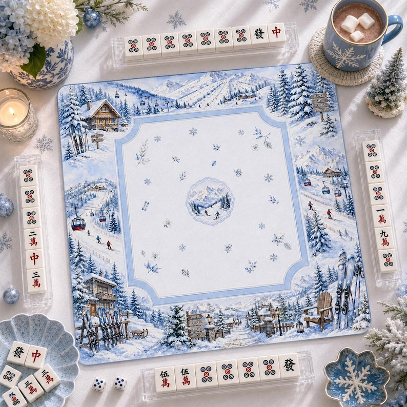Luxury Ski Lodge Mahjong Mat, Cozy Blue Snowy Mountain Winter Game Mat, Apres Ski Hostess Gift
