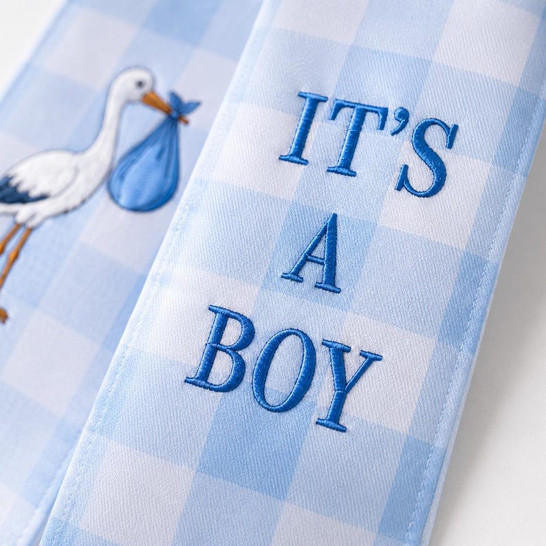 Embroidered It's a Boy Baby Gingham Wreath Sash, Custom Baby Announcement Ribbon Bow, Newborn Chair Sash Decor