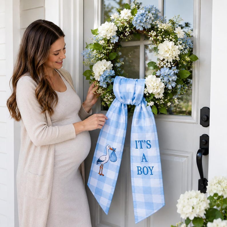 Embroidered It's a Boy Baby Gingham Wreath Sash, Custom Baby Announcement Ribbon Bow, Newborn Chair Sash Decor