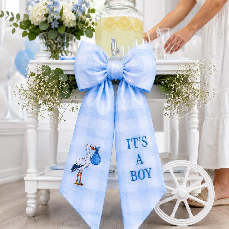 Embroidered It's a Boy Baby Gingham Wreath Sash, Custom Baby Announcement Ribbon Bow, Newborn Chair Sash Decor