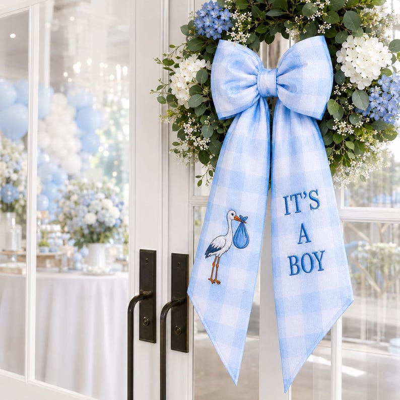 Embroidered It's a Boy Baby Gingham Wreath Sash, Custom Baby Announcement Ribbon Bow, Newborn Chair Sash Decor