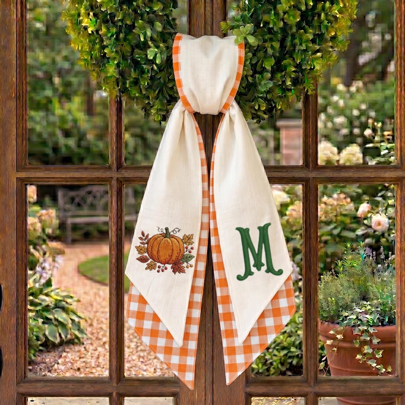 Custom Fall Pumpkin Wreath Sash with Monogram, Personalized Embroidered Autumn Bow