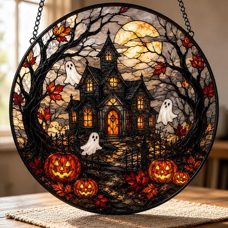 Ghost Pumpkin Glass Suncatcher, Halloween Window Hanging, Spooky Cute Fall Decor, Gift for Halloween Lovers