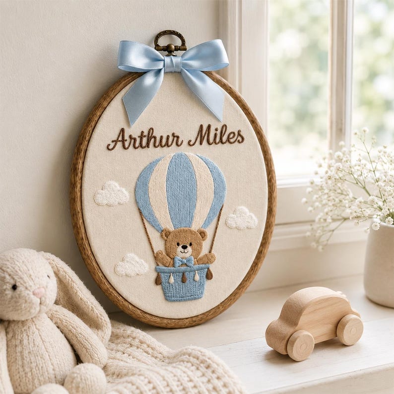 Embroidered Personalized Bear Name Hoop, Custom Hot Air Balloon Nursery Sign, Nursery Announcement Gift