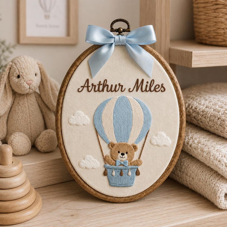 Embroidered Personalized Bear Name Hoop, Custom Hot Air Balloon Nursery Sign, Nursery Announcement Gift