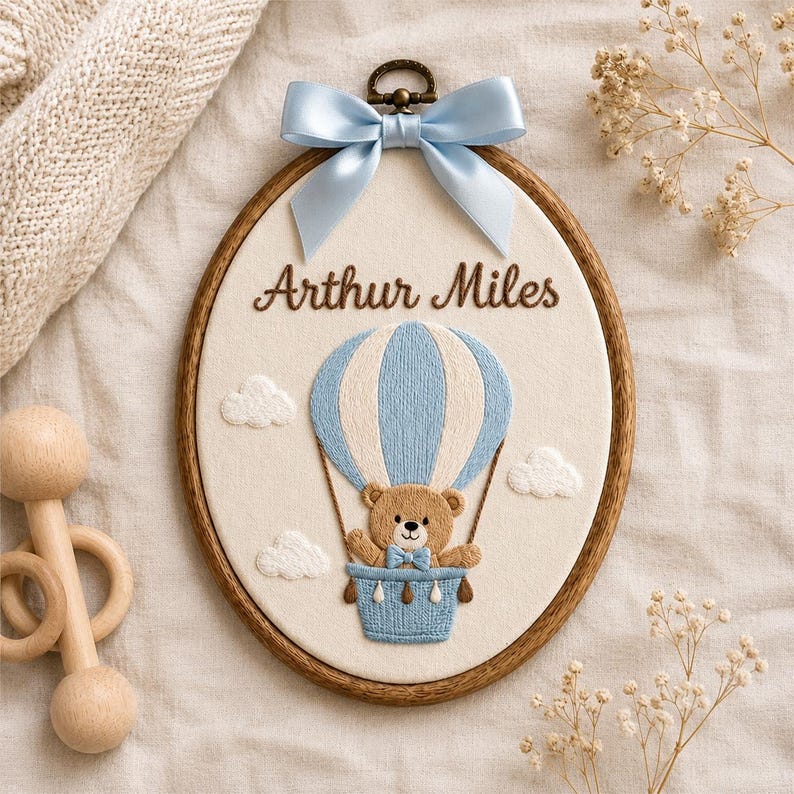 Embroidered Personalized Bear Name Hoop, Custom Hot Air Balloon Nursery Sign, Nursery Announcement Gift