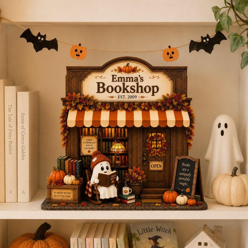 Personalized Reading Ghost Bookshop Wood Sign, Custom Miniature Fall Bookstore Shelf Display, Cozy Reading Nook Decor