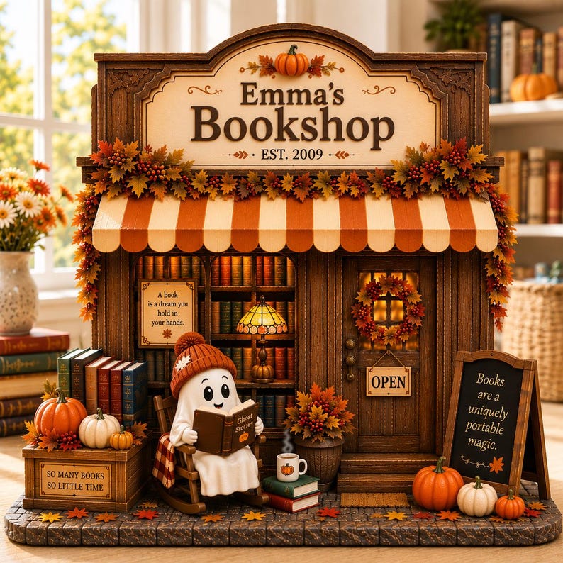 Personalized Reading Ghost Bookshop Wood Sign, Custom Miniature Fall Bookstore Shelf Display, Cozy Reading Nook Decor