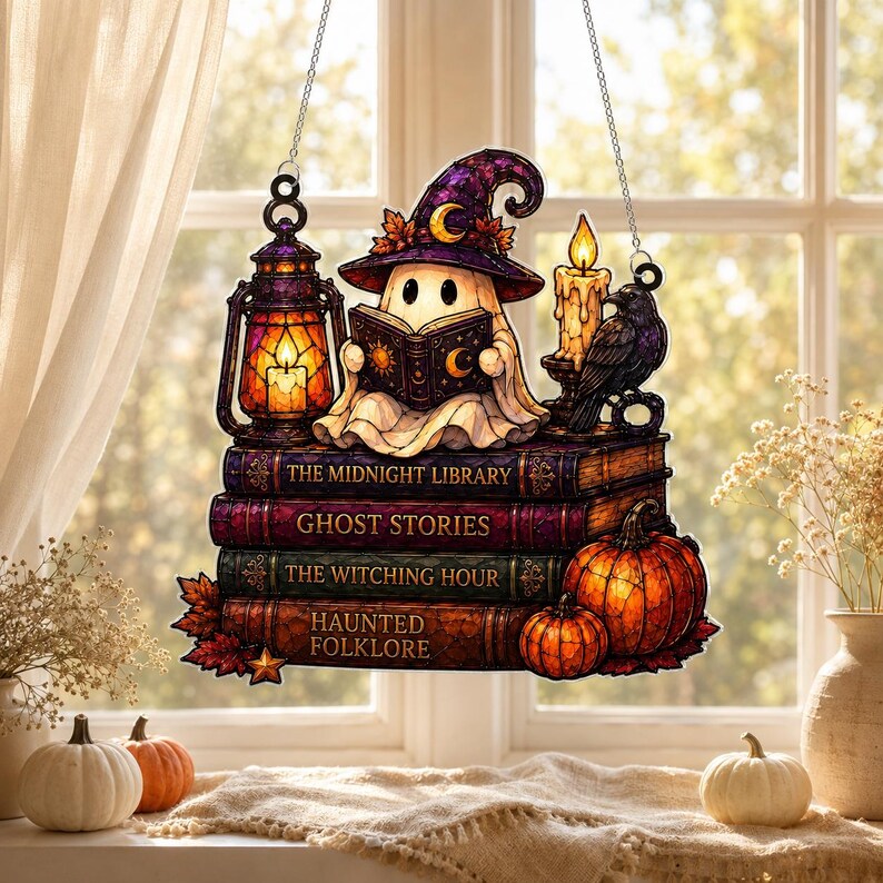 Ghost Reading Book Acrylic Suncatcher, Cat Halloween Window Hanging