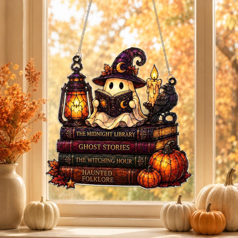 Ghost Reading Book Acrylic Suncatcher, Cat Halloween Window Hanging