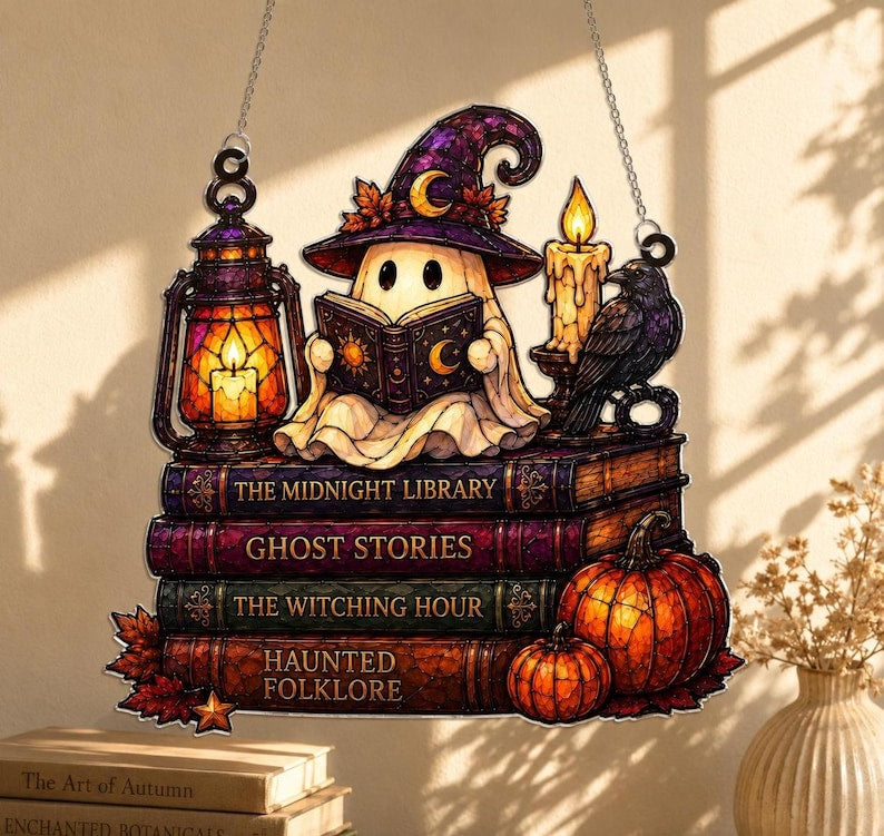 Ghost Reading Book Acrylic Suncatcher, Cat Halloween Window Hanging