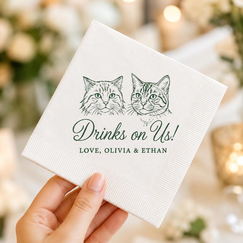 Custom Cat Portrait Cocktail Napkins, Personalized Wedding Beverage Napkins