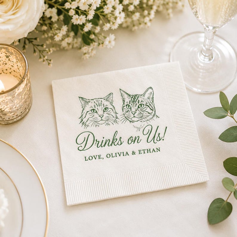 Custom Cat Portrait Cocktail Napkins, Personalized Wedding Beverage Napkins