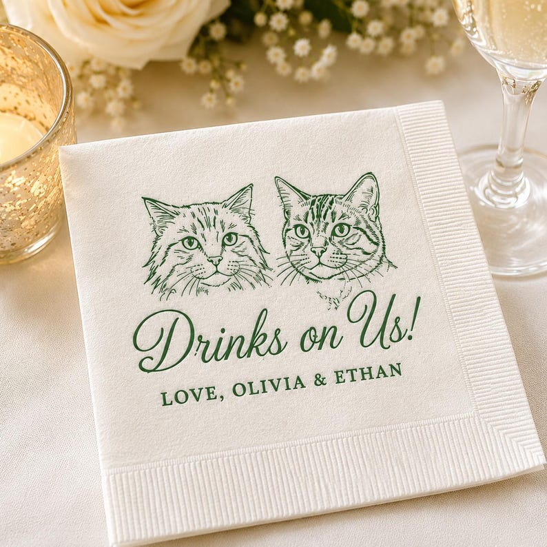 Custom Cat Portrait Cocktail Napkins, Personalized Wedding Beverage Napkins