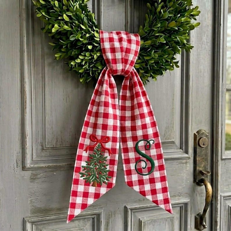 Embroidered Personalized Christmas Bow Tree Wreath Sash, Monogram Letter Embroidered Linen Winter Embroidery Sash