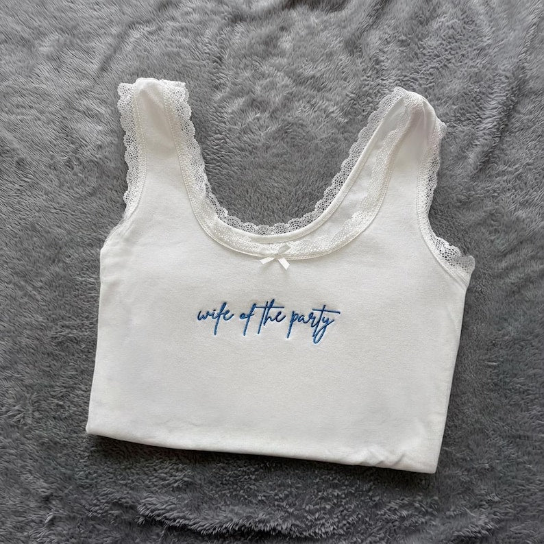 Personalized Embroidered Lace Tank Top, Custom Embroidery Modal Tank Bridal Shower Gift, Engagement Gift Bachelorette Party