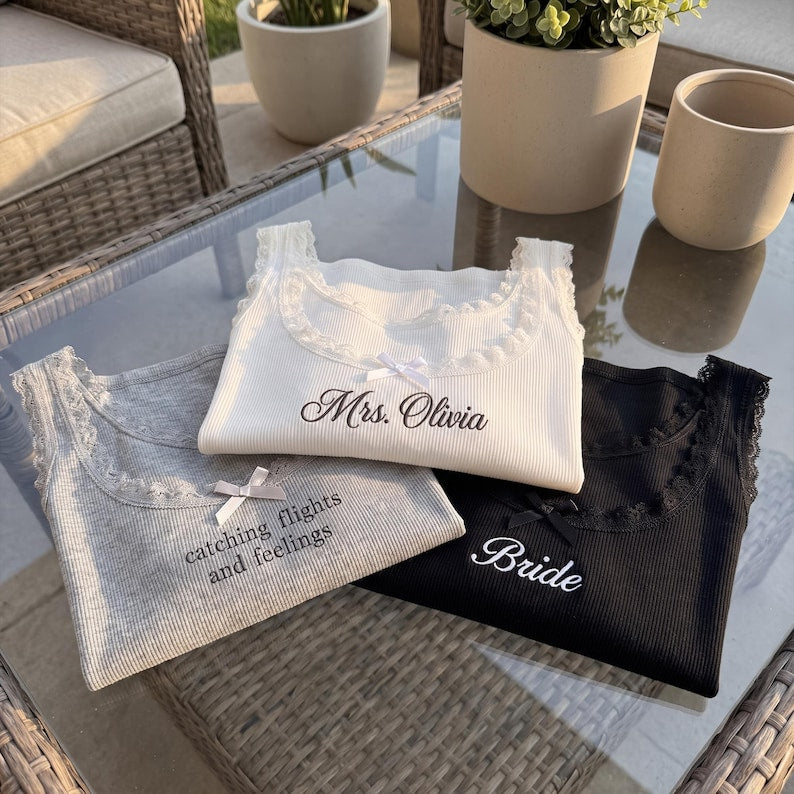 Personalized Embroidered Lace Tank Top, Custom Embroidery Modal Tank Bridal Shower Gift, Engagement Gift Bachelorette Party