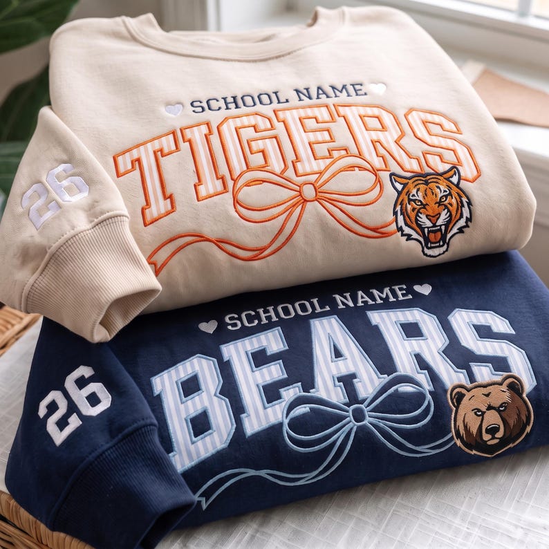 Embroidered Custom College Sweatshirt, Personalized Game Day Applique Apparel, Mascot Team Spirit, Varsity Style Sports Top