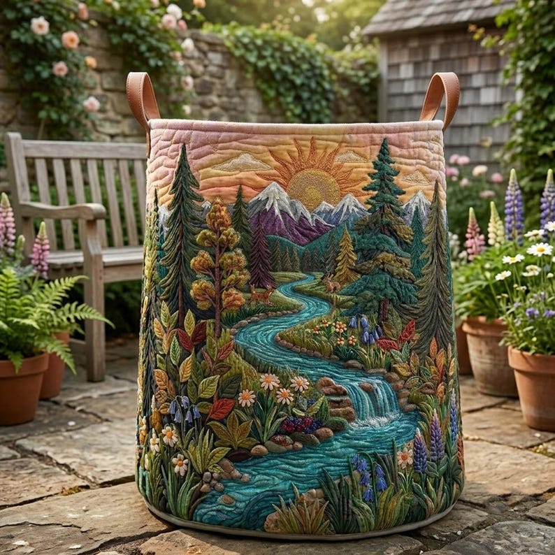 Woodland Forest Quilted Laundry Basket, Nature Landscape Hamper, Rustic Forest Storage Bin