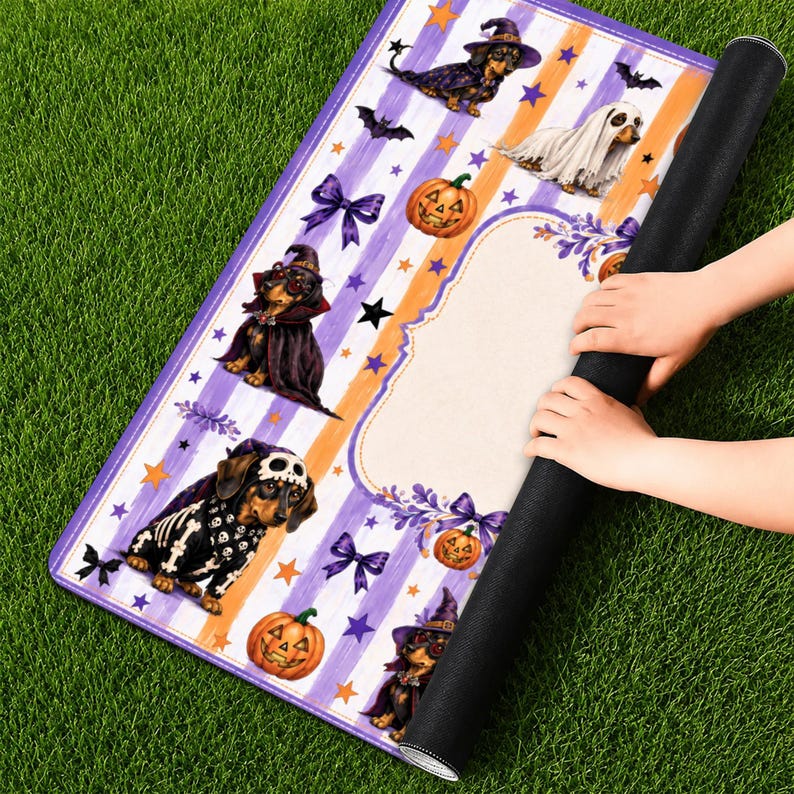 Spooky Dachshund, Halloween Mahjong Mat, Game Table Protector, Unique Mah Jongg Playing Surface, Pumpkins, Dog Lover Gift