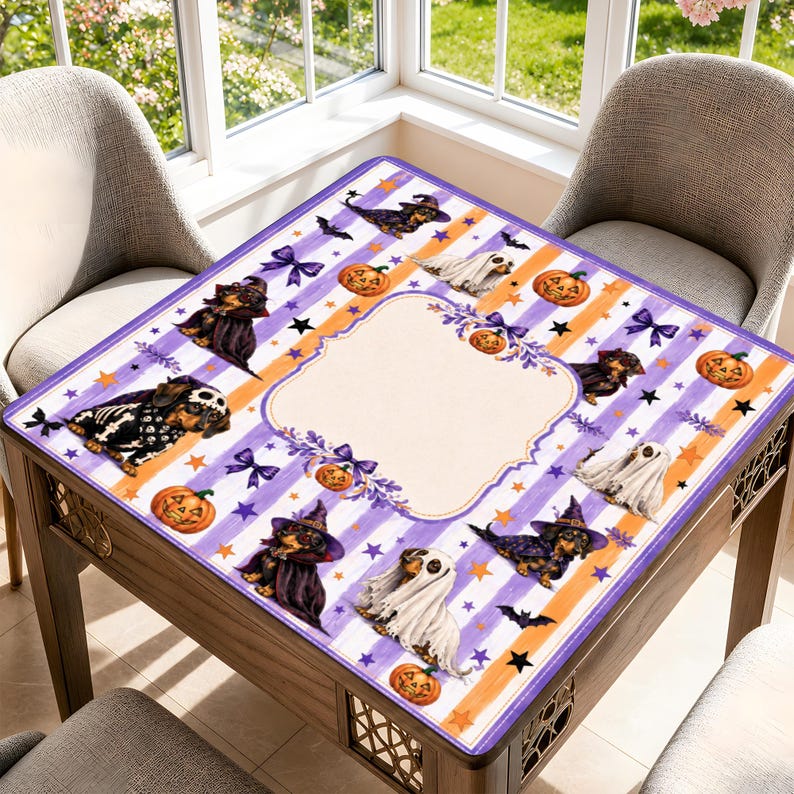 Spooky Dachshund, Halloween Mahjong Mat, Game Table Protector, Unique Mah Jongg Playing Surface, Pumpkins, Dog Lover Gift