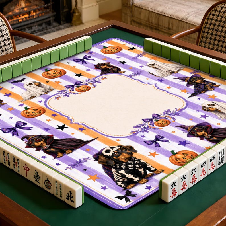 Spooky Dachshund, Halloween Mahjong Mat, Game Table Protector, Unique Mah Jongg Playing Surface, Pumpkins, Dog Lover Gift