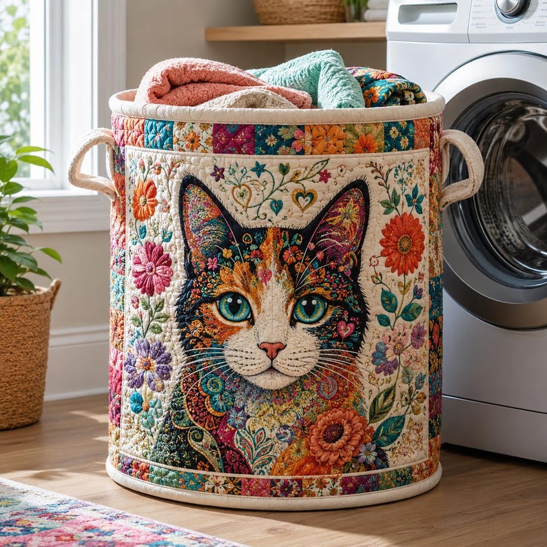 Colorful Cat Quilted Laundry Basket, Patchwork Kitten Storage Hamper, Floral Cat Lover Gift