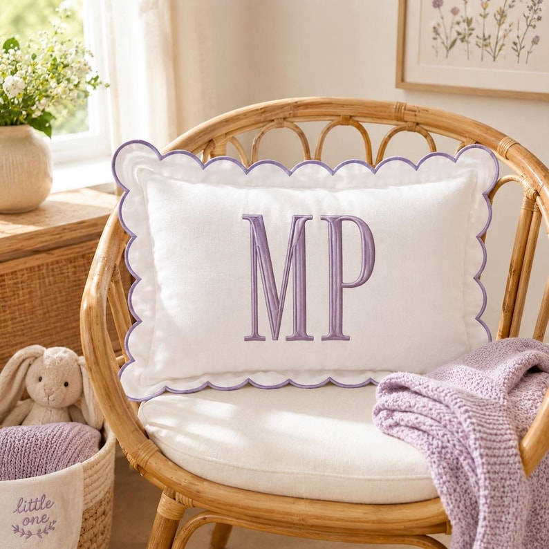Personalized Monogram Pillow Cover, Custom Embroidered Scallop Pillow, Initial Cushion for Nursery Decor