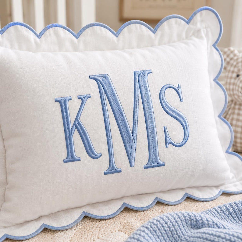 Personalized Monogram Pillow Cover, Custom Embroidered Scallop Pillow, Initial Cushion for Nursery Decor