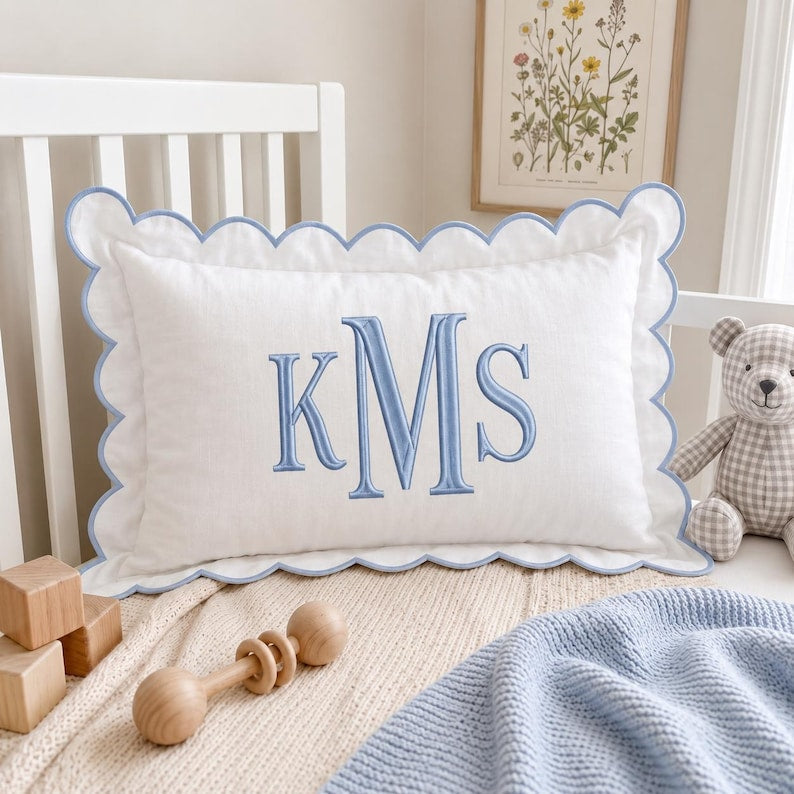 Personalized Monogram Pillow Cover, Custom Embroidered Scallop Pillow, Initial Cushion for Nursery Decor