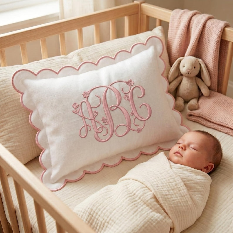 Personalized Monogram Pillow Cover, Custom Embroidered Scallop Pillow, Initial Cushion for Nursery Decor